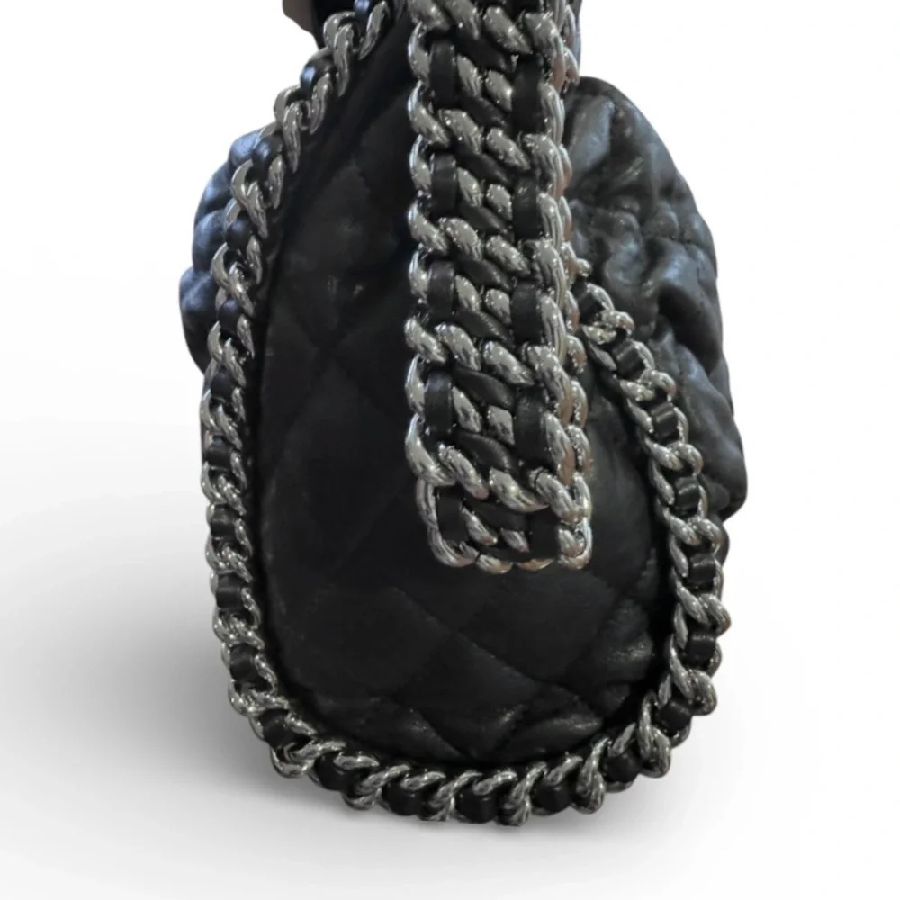 💞CHANEL BLACK Quilted Distressed / Washed Lambskin Double Chain Tote Silver HW
